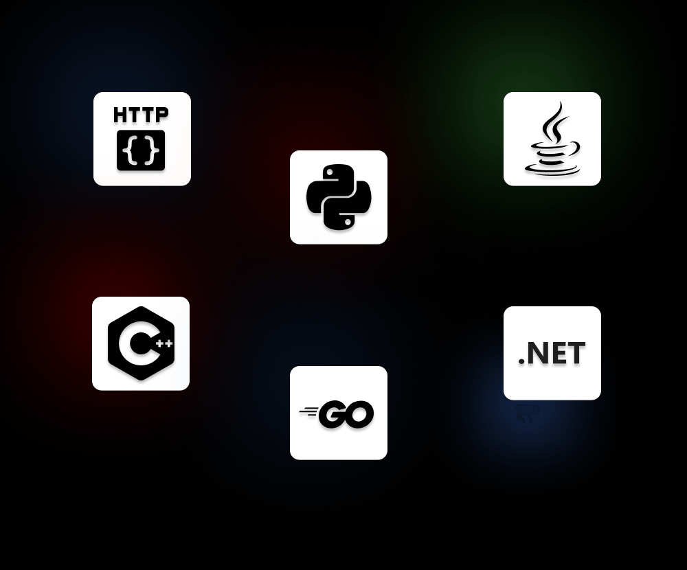 A mosaic of the languages able to be used with the Address IQ SDK: Java, Python, Go, .NET, and C++.